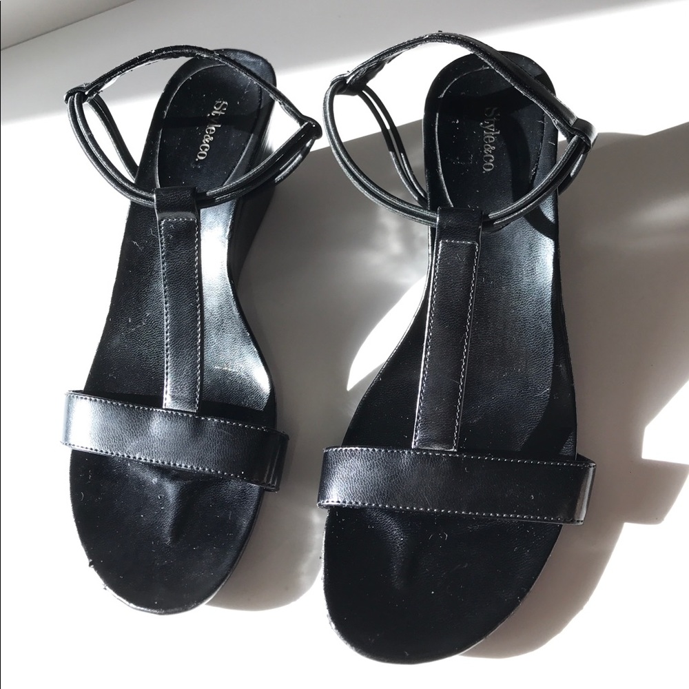 Style & Co. Black T-Strap Wedge Sandal